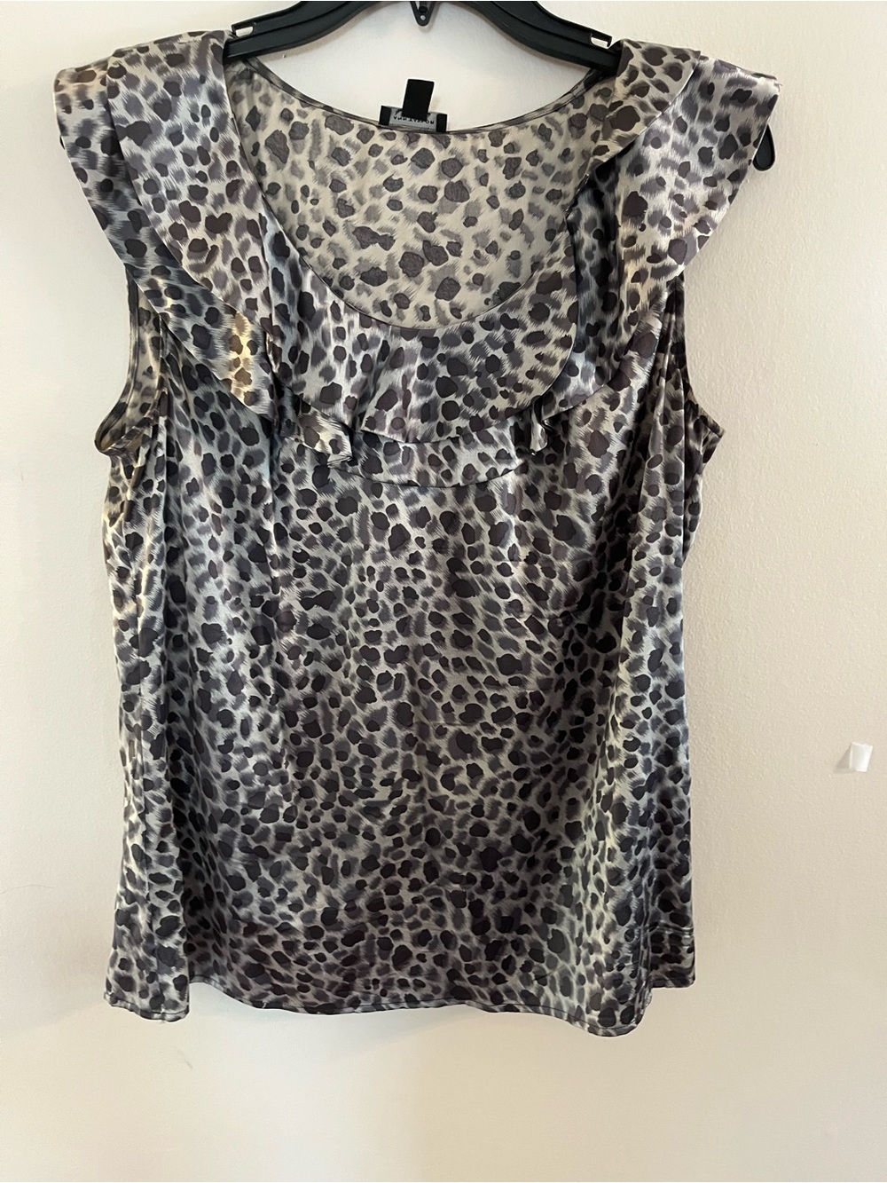 Ann Taylor Satin Leopard Print Ruffle Sleeveless Top - Gray/Black